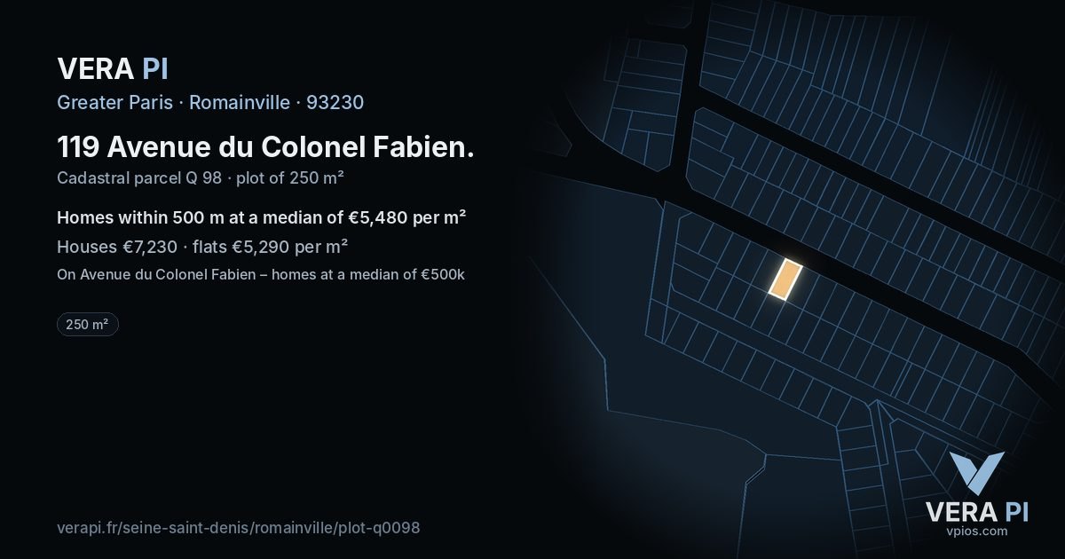 119 Avenue du Colonel Fabien, Romainville at night – the plot lit, the parcels around coloured by the prices near them