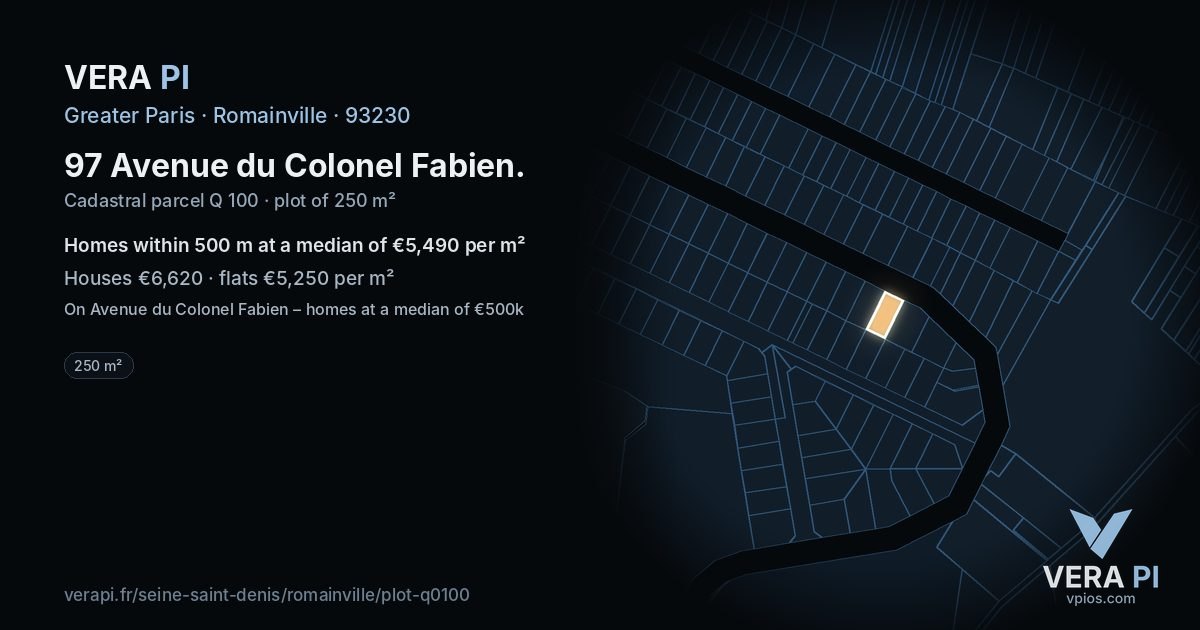 97 Avenue du Colonel Fabien, Romainville at night – the plot lit, the parcels around coloured by the prices near them