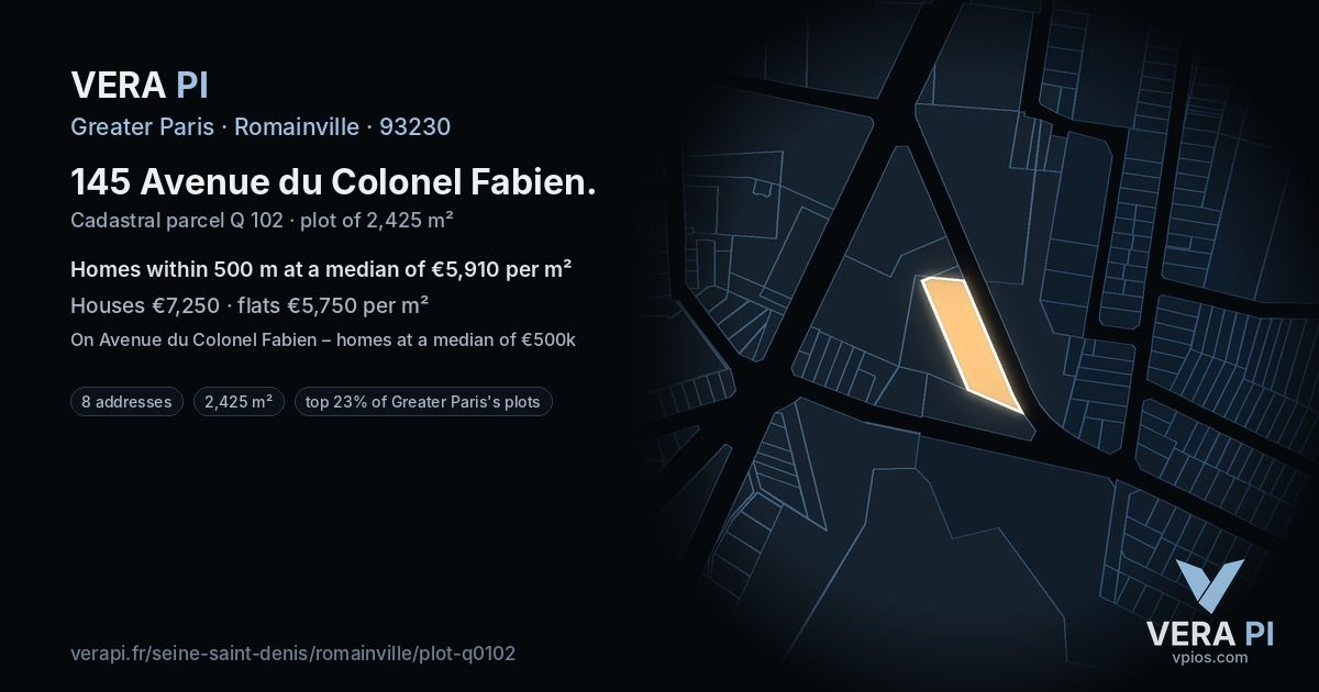 145 Avenue du Colonel Fabien, Romainville at night – the plot lit, the parcels around coloured by the prices near them