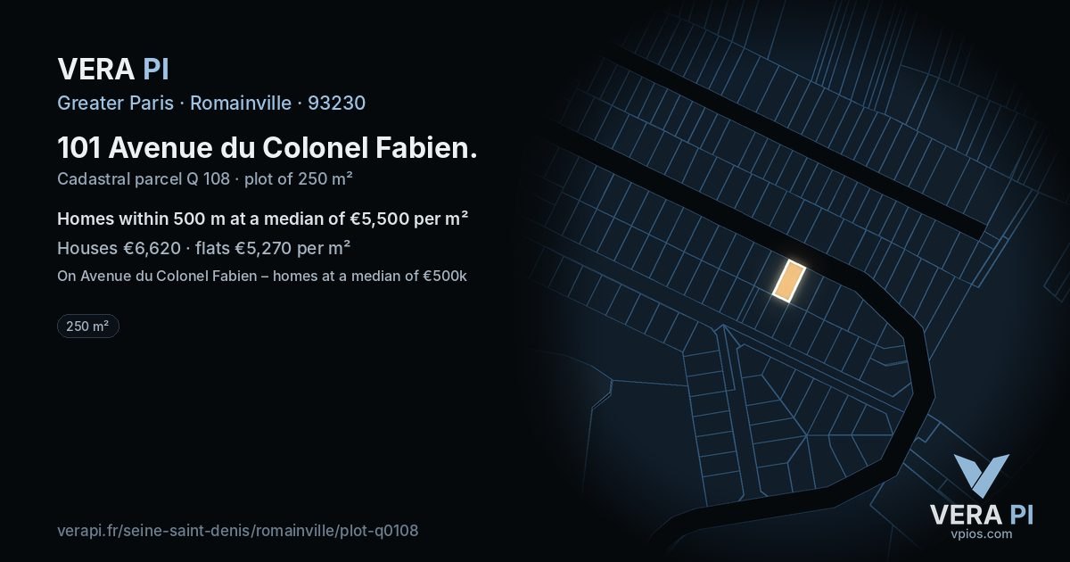 101 Avenue du Colonel Fabien, Romainville at night – the plot lit, the parcels around coloured by the prices near them