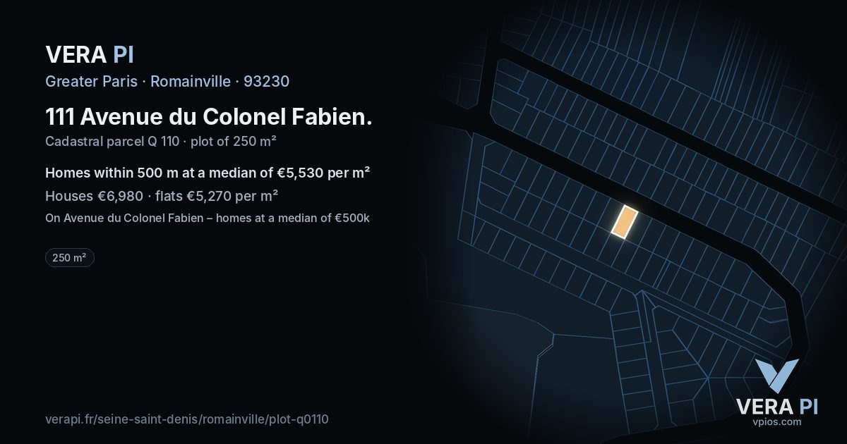 111 Avenue du Colonel Fabien, Romainville at night – the plot lit, the parcels around coloured by the prices near them