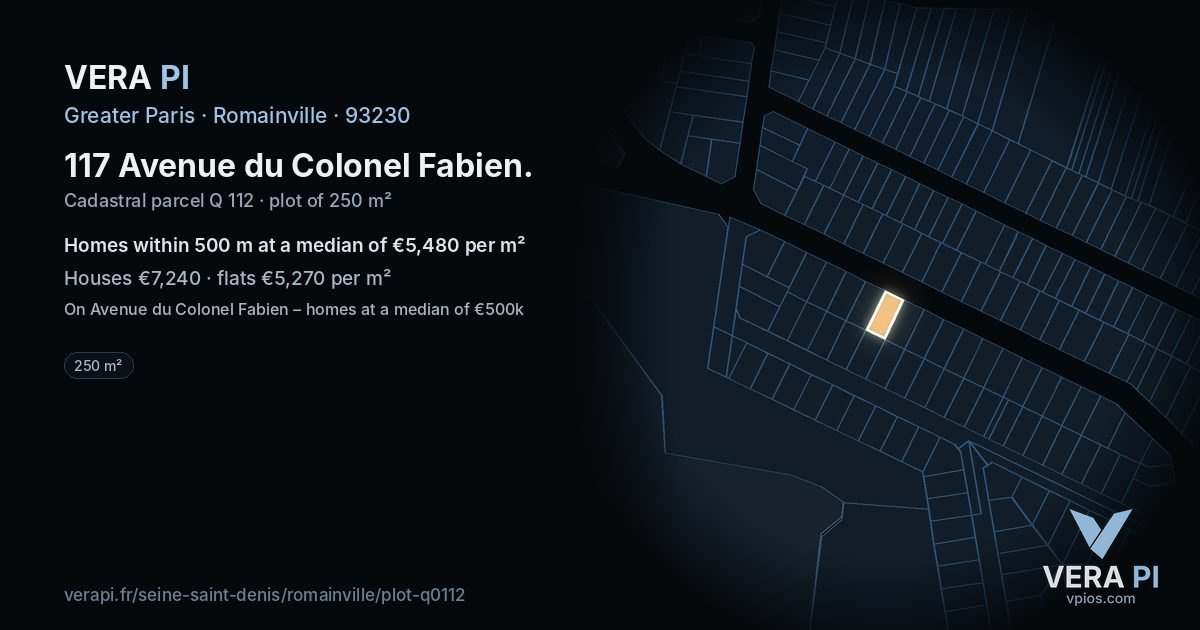 117 Avenue du Colonel Fabien, Romainville at night – the plot lit, the parcels around coloured by the prices near them