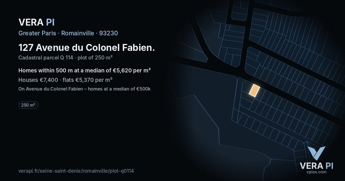 127 Avenue du Colonel Fabien, Romainville at night – the plot lit, the parcels around coloured by the prices near them