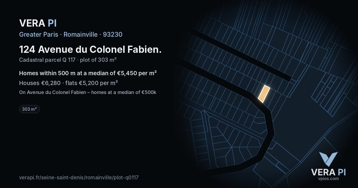 124 Avenue du Colonel Fabien, Romainville at night – the plot lit, the parcels around coloured by the prices near them