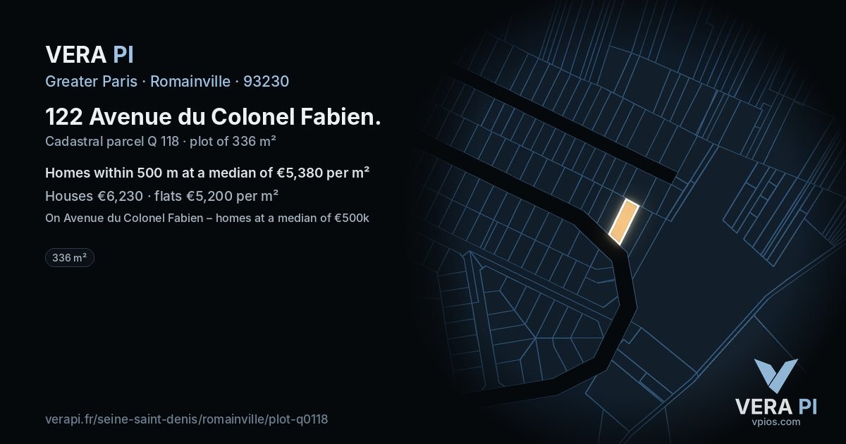 122 Avenue du Colonel Fabien, Romainville at night – the plot lit, the parcels around coloured by the prices near them