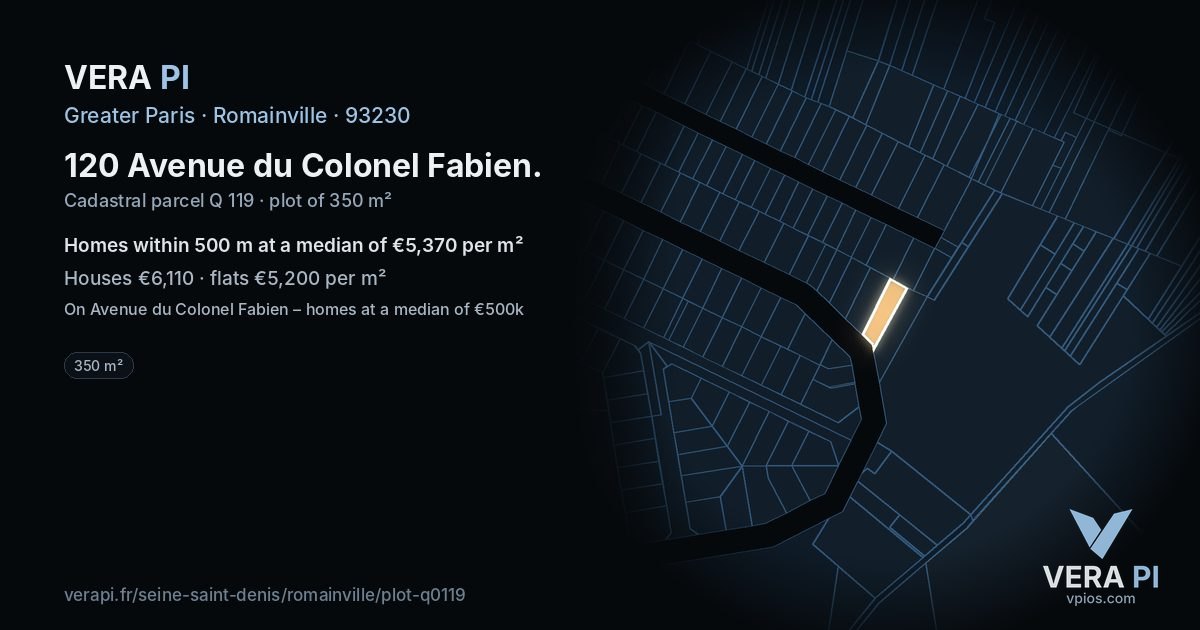 120 Avenue du Colonel Fabien, Romainville at night – the plot lit, the parcels around coloured by the prices near them