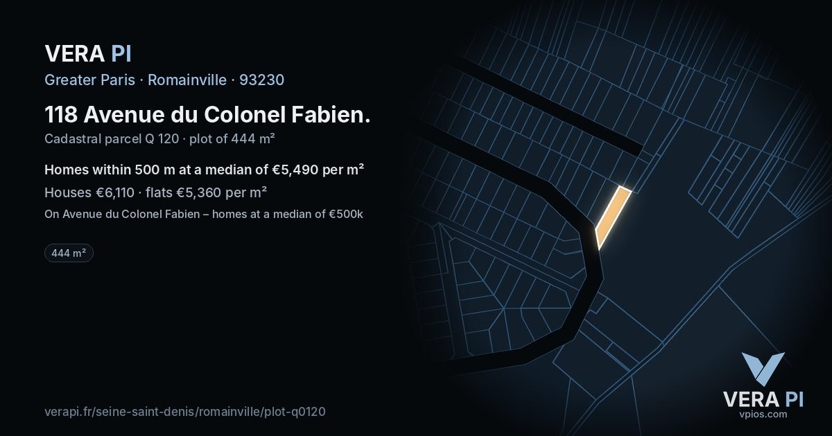 118 Avenue du Colonel Fabien, Romainville at night – the plot lit, the parcels around coloured by the prices near them