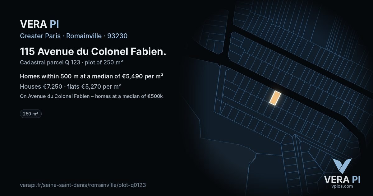 115 Avenue du Colonel Fabien, Romainville at night – the plot lit, the parcels around coloured by the prices near them
