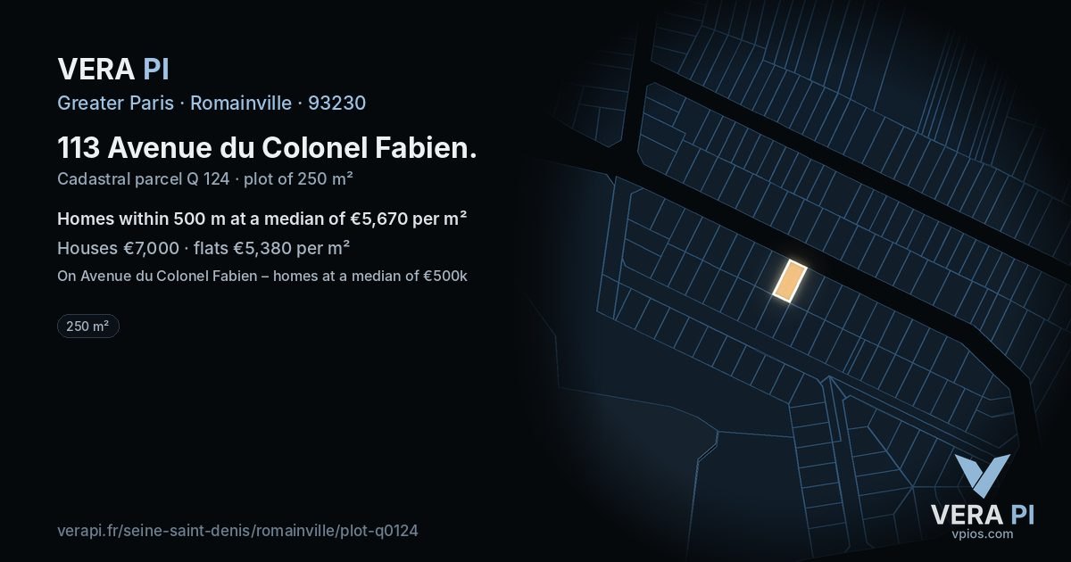 113 Avenue du Colonel Fabien, Romainville at night – the plot lit, the parcels around coloured by the prices near them