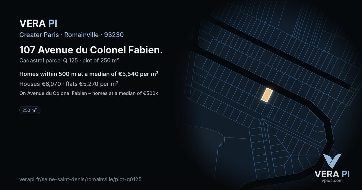 107 Avenue du Colonel Fabien, Romainville at night – the plot lit, the parcels around coloured by the prices near them
