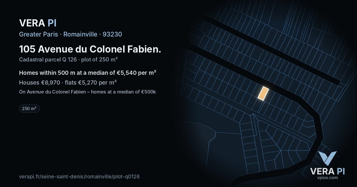 105 Avenue du Colonel Fabien, Romainville at night – the plot lit, the parcels around coloured by the prices near them