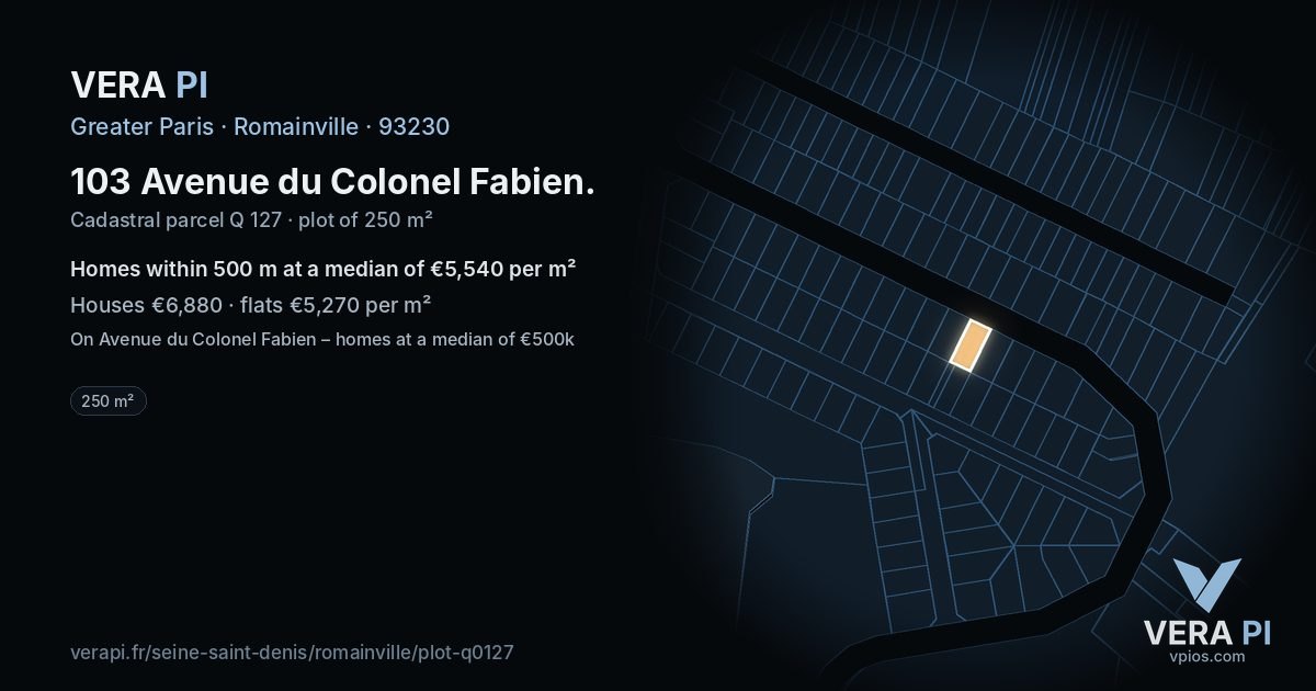 103 Avenue du Colonel Fabien, Romainville at night – the plot lit, the parcels around coloured by the prices near them