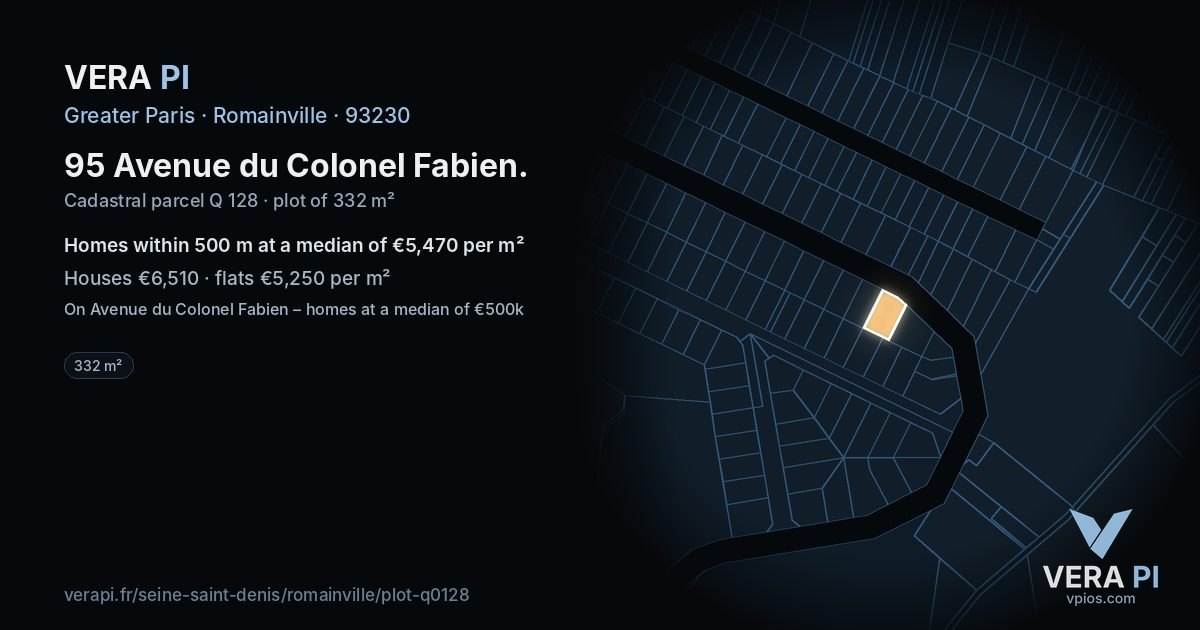 95 Avenue du Colonel Fabien, Romainville at night – the plot lit, the parcels around coloured by the prices near them