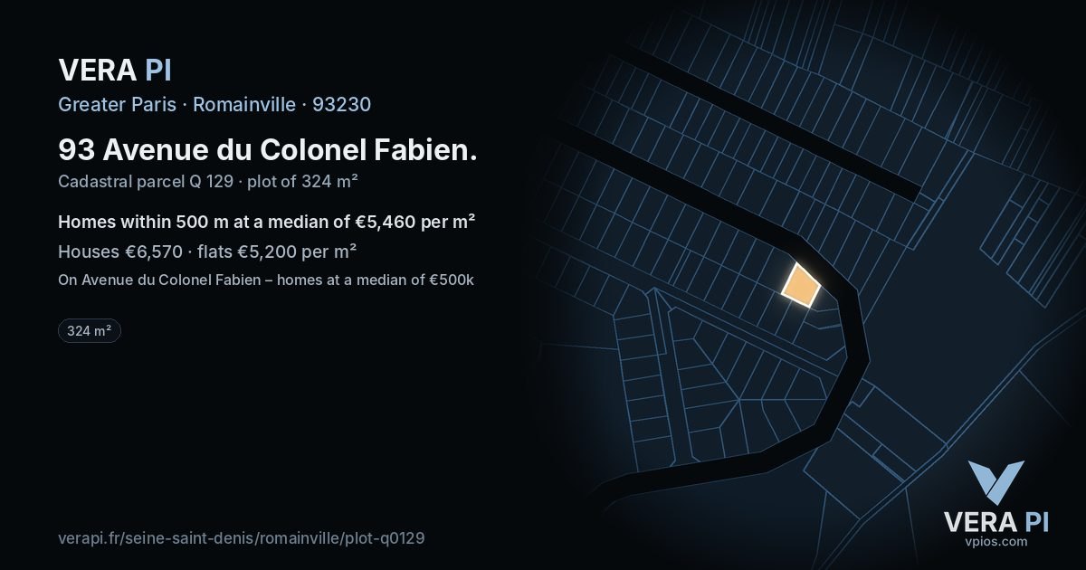 93 Avenue du Colonel Fabien, Romainville at night – the plot lit, the parcels around coloured by the prices near them