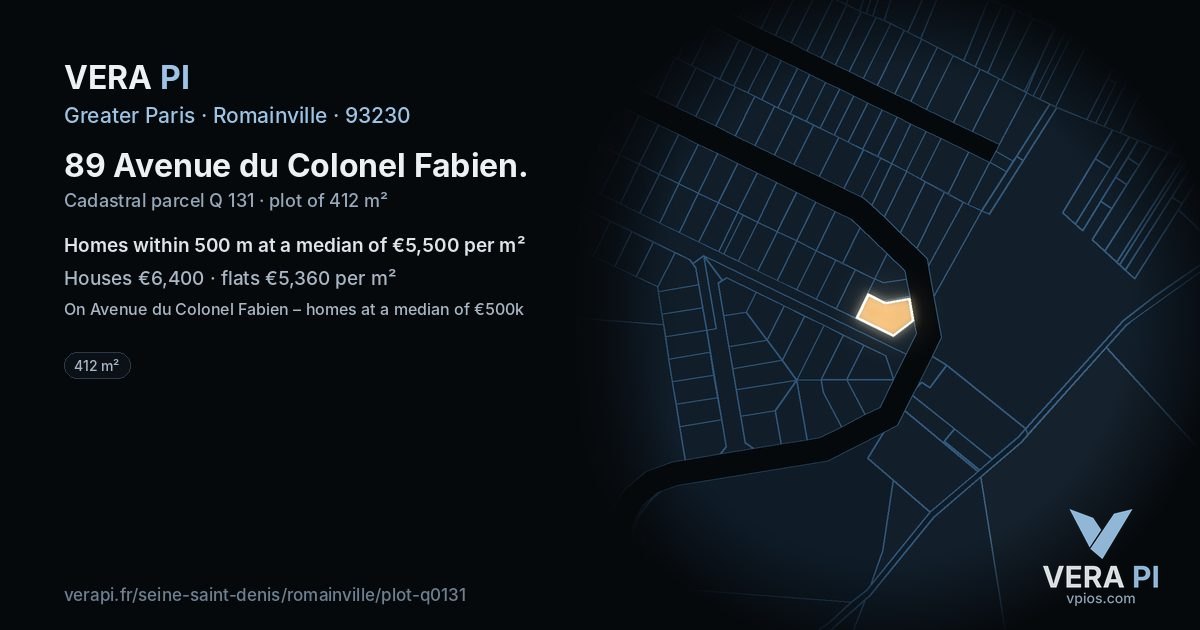 89 Avenue du Colonel Fabien, Romainville at night – the plot lit, the parcels around coloured by the prices near them