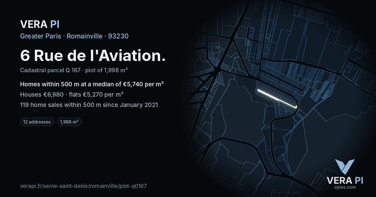 6 Rue de l'Aviation, Romainville at night – the plot lit, the parcels around coloured by the prices near them