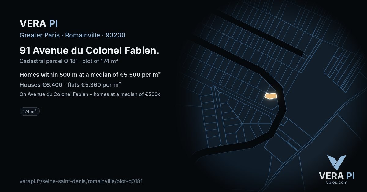 91 Avenue du Colonel Fabien, Romainville at night – the plot lit, the parcels around coloured by the prices near them