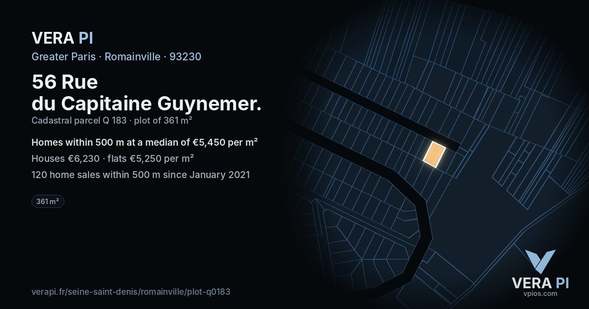 56 Rue du Capitaine Guynemer, Romainville at night – the plot lit, the parcels around coloured by the prices near them