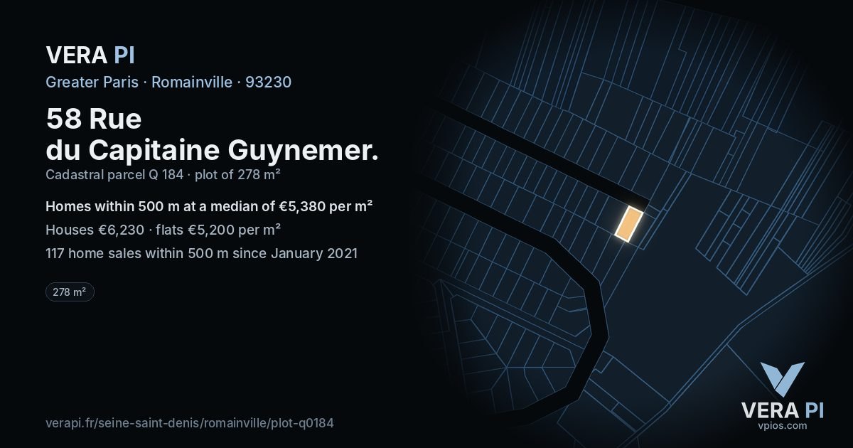 58 Rue du Capitaine Guynemer, Romainville at night – the plot lit, the parcels around coloured by the prices near them