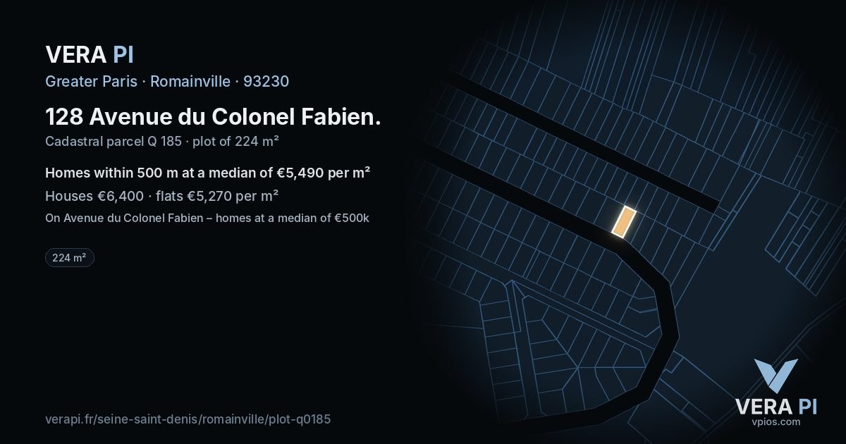 128 Avenue du Colonel Fabien, Romainville at night – the plot lit, the parcels around coloured by the prices near them