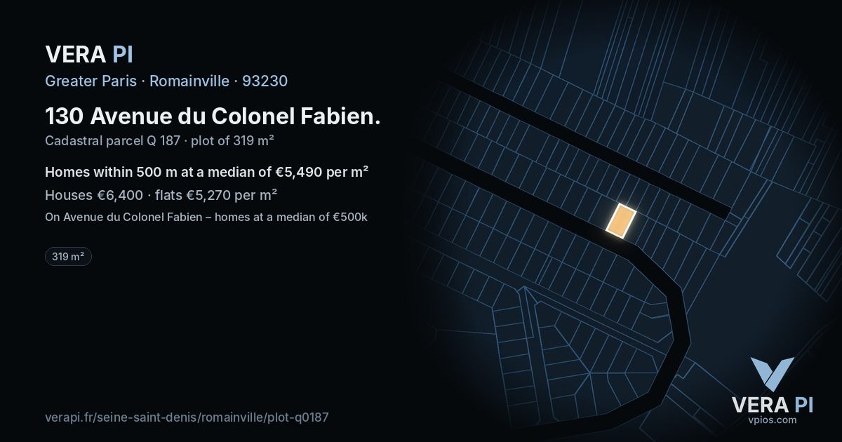 130 Avenue du Colonel Fabien, Romainville at night – the plot lit, the parcels around coloured by the prices near them