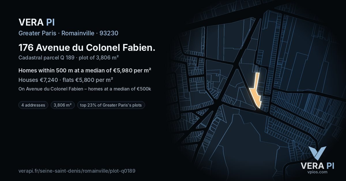 176 Avenue du Colonel Fabien, Romainville at night – the plot lit, the parcels around coloured by the prices near them