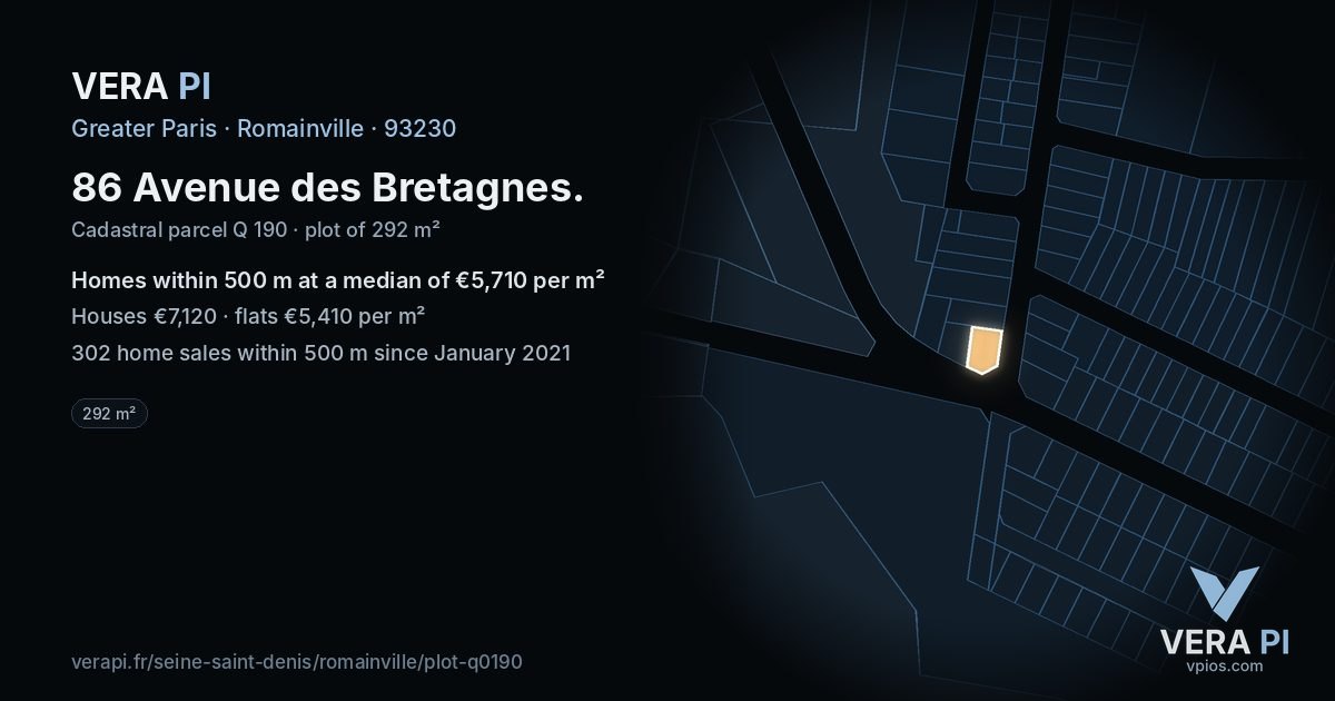 86 Avenue des Bretagnes, Romainville at night – the plot lit, the parcels around coloured by the prices near them