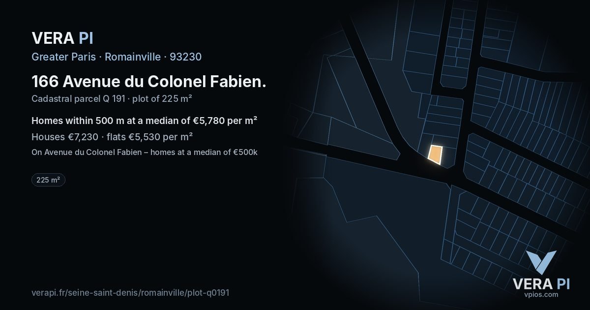 166 Avenue du Colonel Fabien, Romainville at night – the plot lit, the parcels around coloured by the prices near them
