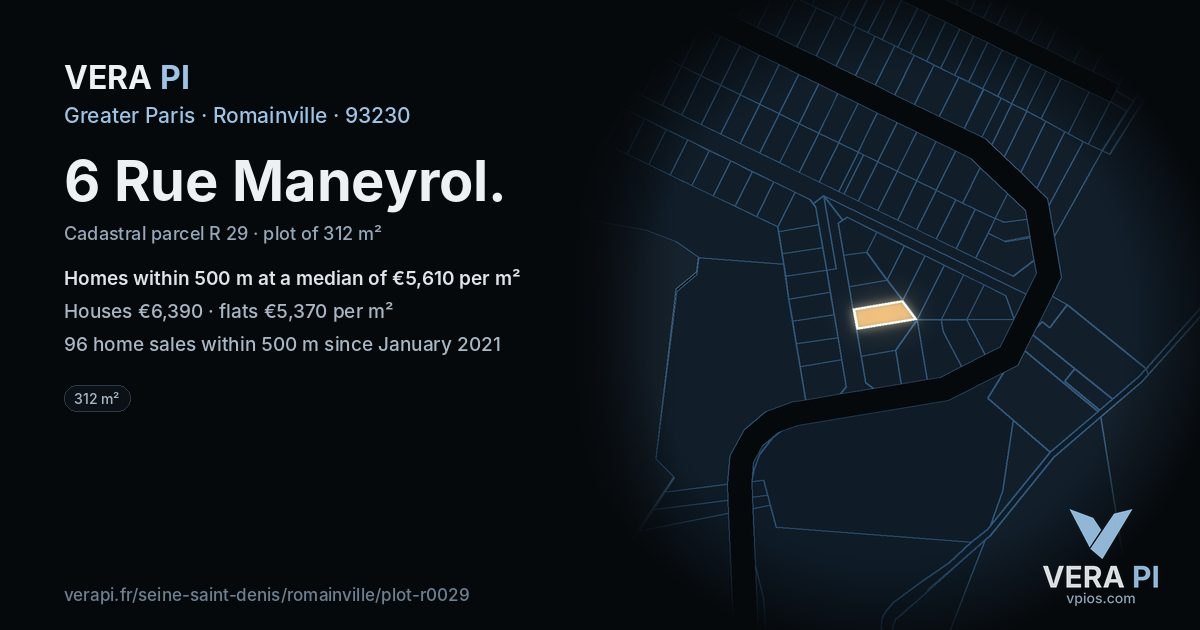 6 Rue Maneyrol, Romainville at night – the plot lit, the parcels around coloured by the prices near them
