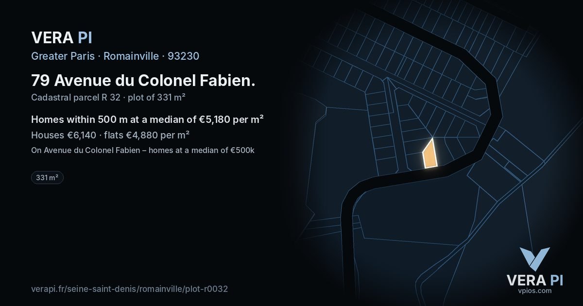 79 Avenue du Colonel Fabien, Romainville at night – the plot lit, the parcels around coloured by the prices near them