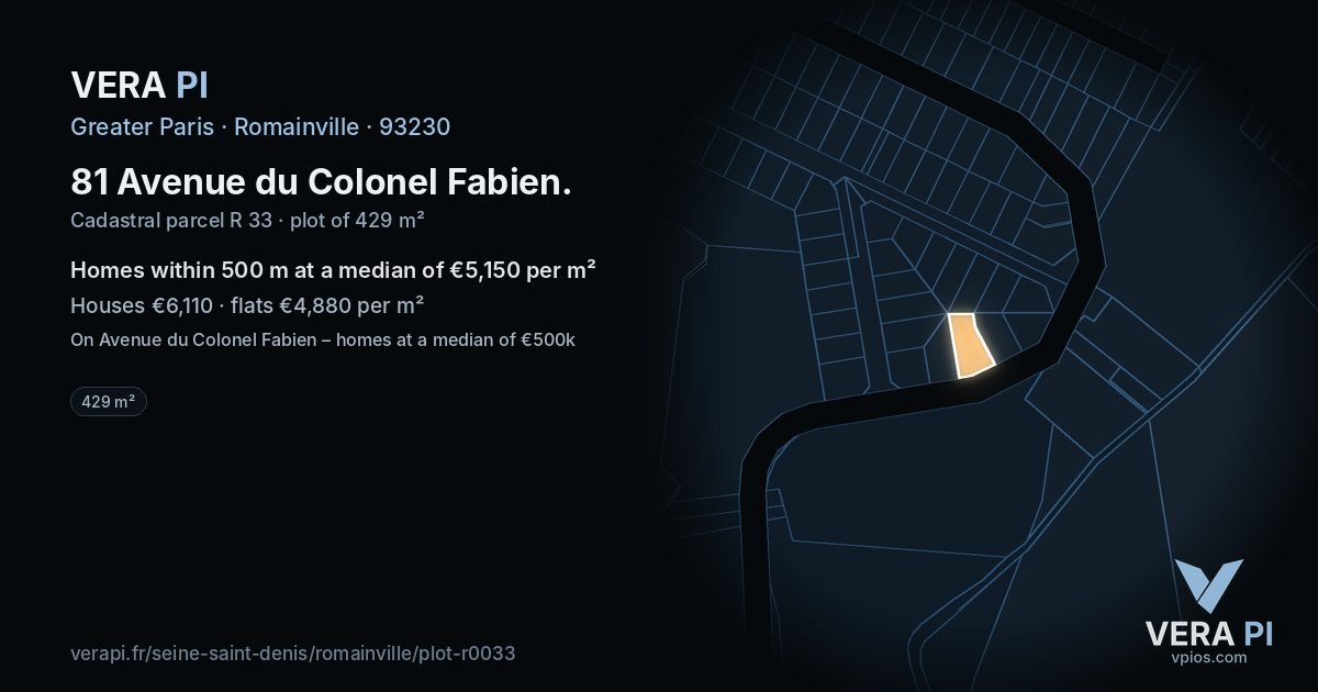 81 Avenue du Colonel Fabien, Romainville at night – the plot lit, the parcels around coloured by the prices near them