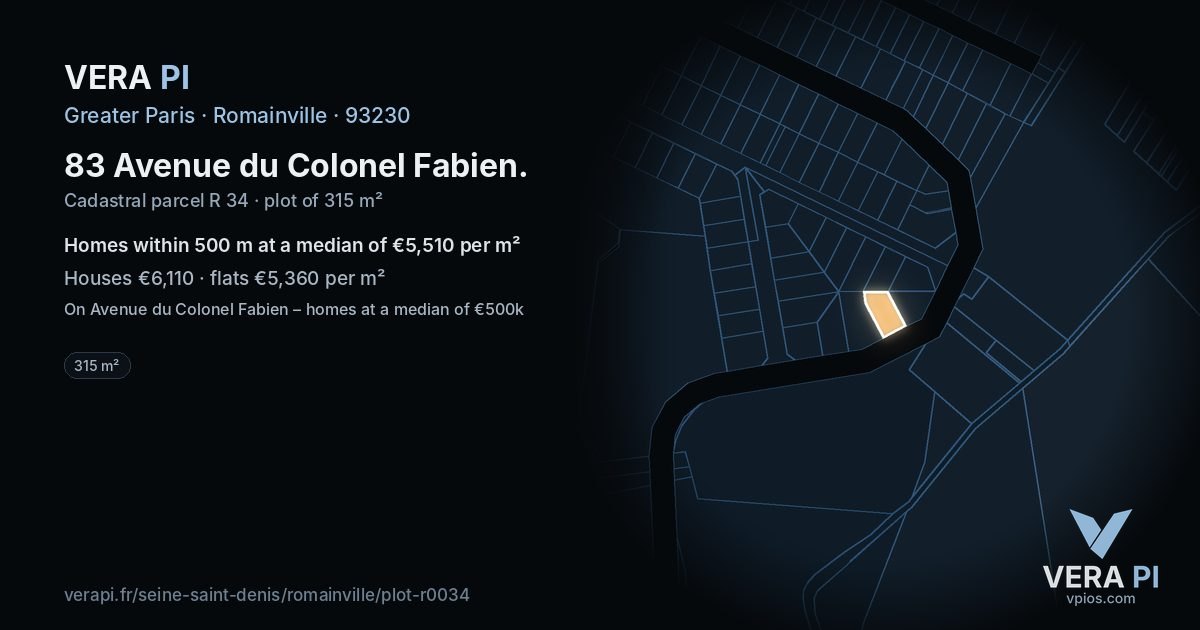 83 Avenue du Colonel Fabien, Romainville at night – the plot lit, the parcels around coloured by the prices near them