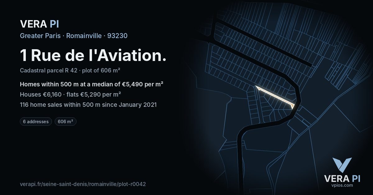 1 Rue de l'Aviation, Romainville at night – the plot lit, the parcels around coloured by the prices near them