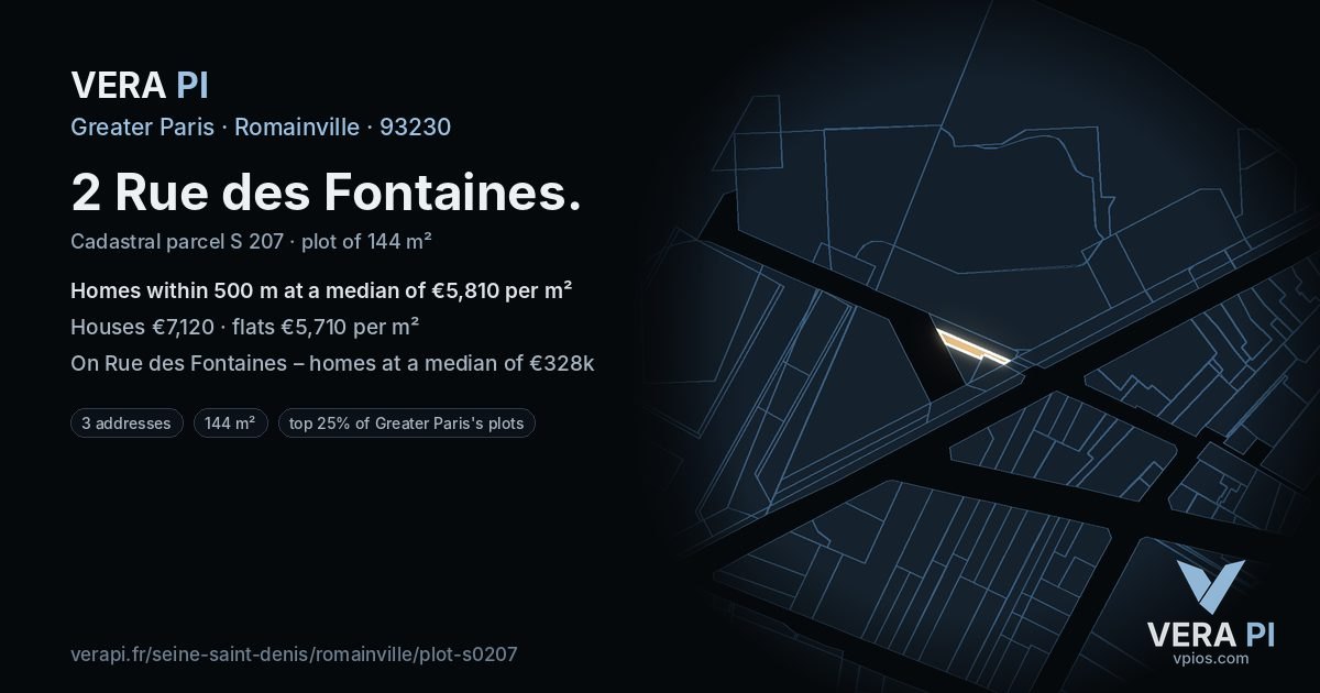 2 Rue des Fontaines, Romainville at night – the plot lit, the parcels around coloured by the prices near them