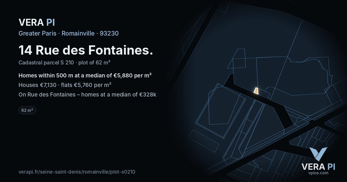 14 Rue des Fontaines, Romainville at night – the plot lit, the parcels around coloured by the prices near them