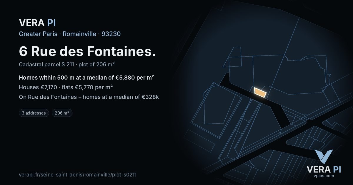6 Rue des Fontaines, Romainville at night – the plot lit, the parcels around coloured by the prices near them