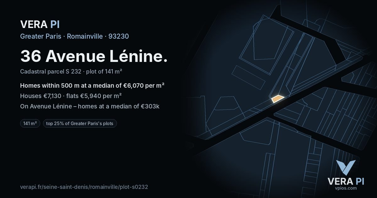 36 Avenue Lénine, Romainville at night – the plot lit, the parcels around coloured by the prices near them