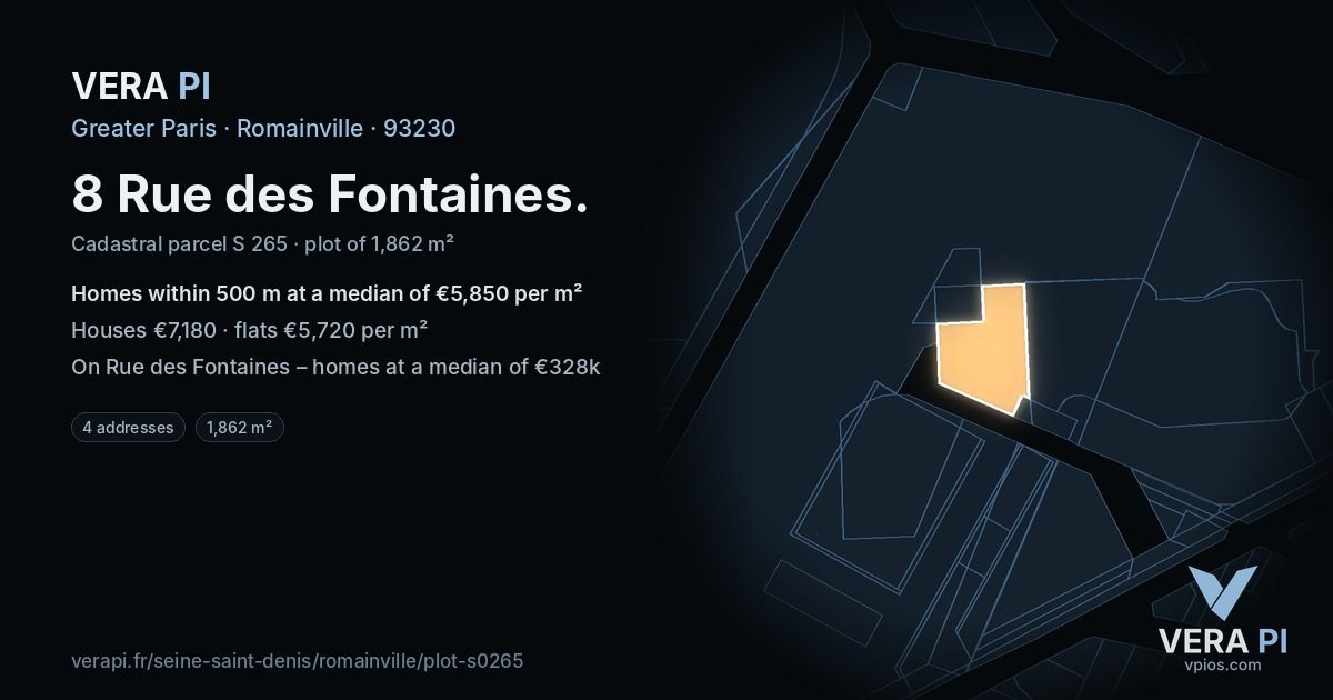 8 Rue des Fontaines, Romainville at night – the plot lit, the parcels around coloured by the prices near them