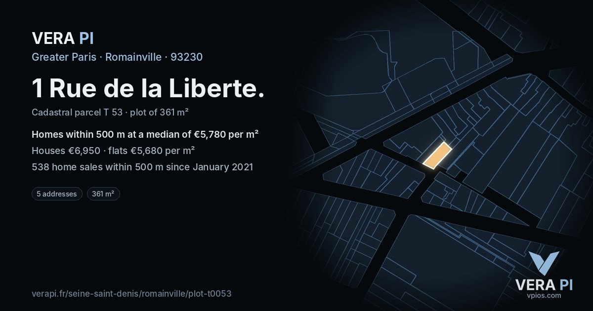 1 Rue de la Liberte, Romainville at night – the plot lit, the parcels around coloured by the prices near them