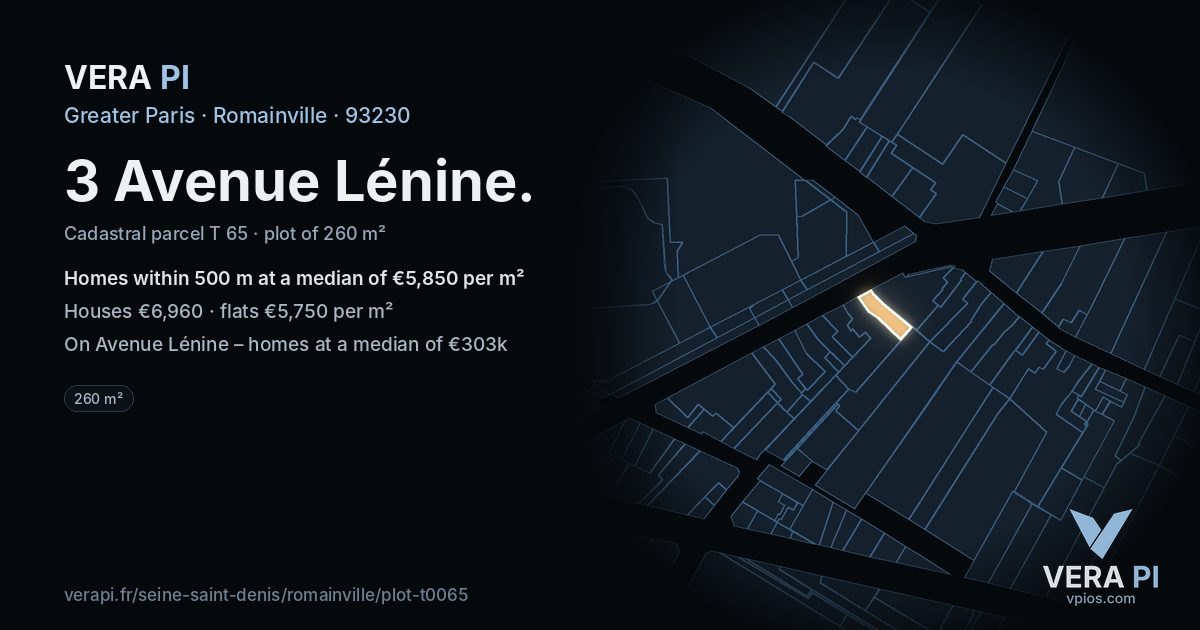 3 Avenue Lénine, Romainville at night – the plot lit, the parcels around coloured by the prices near them
