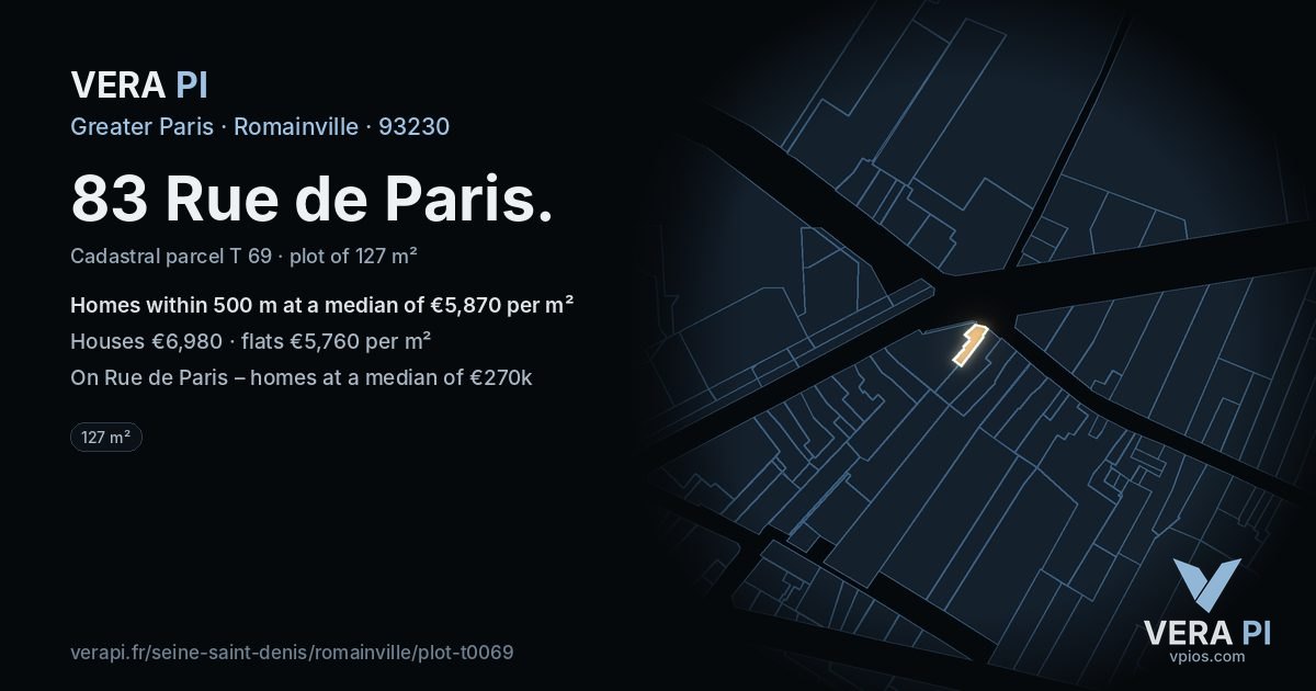 83 Rue de Paris, Romainville at night – the plot lit, the parcels around coloured by the prices near them