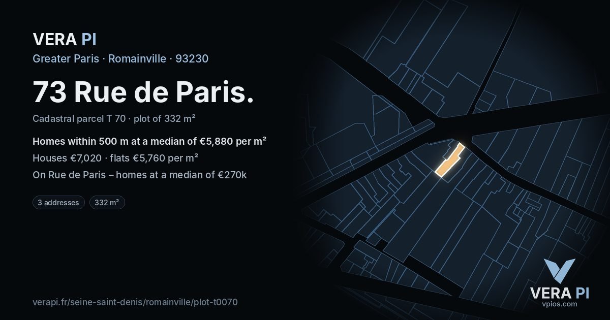 73 Rue de Paris, Romainville at night – the plot lit, the parcels around coloured by the prices near them