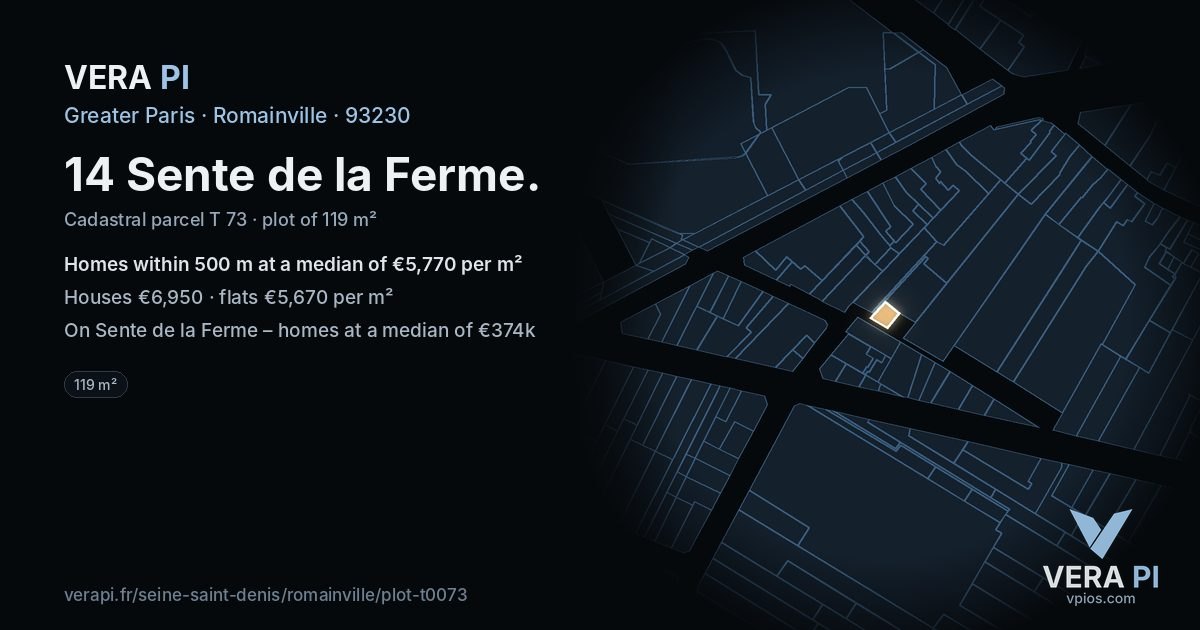 14 Sente de la Ferme, Romainville at night – the plot lit, the parcels around coloured by the prices near them