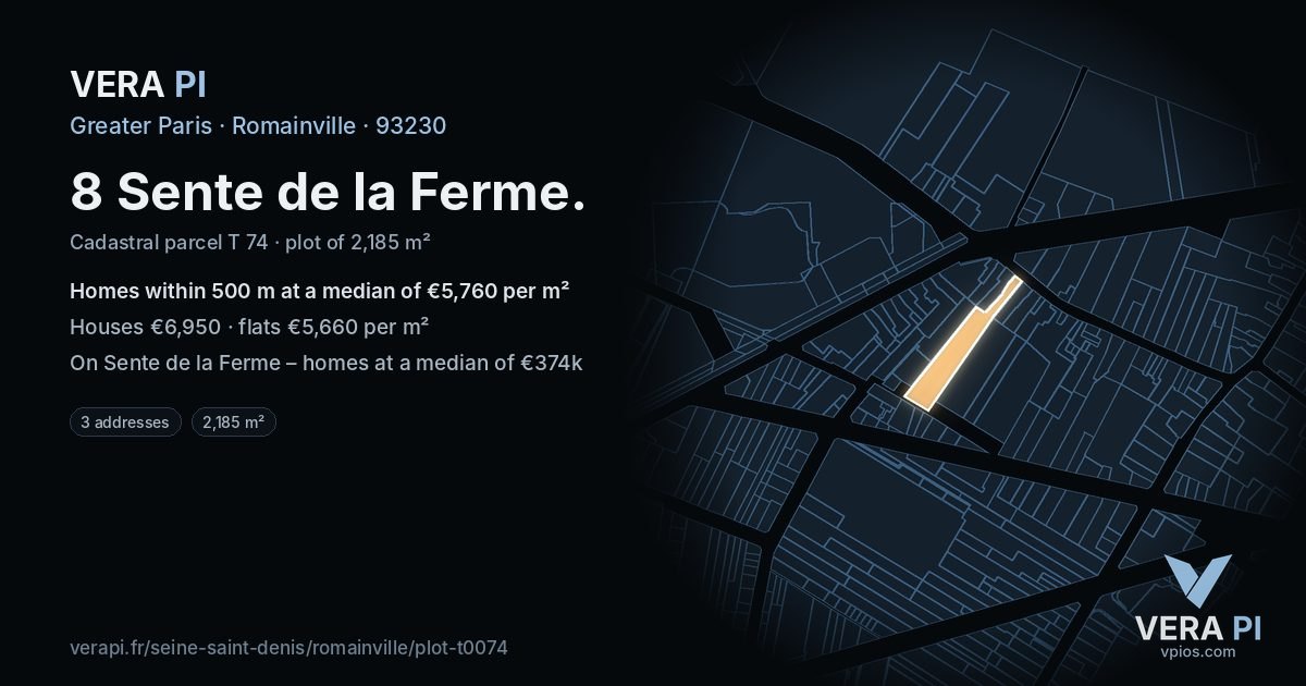 8 Sente de la Ferme, Romainville at night – the plot lit, the parcels around coloured by the prices near them