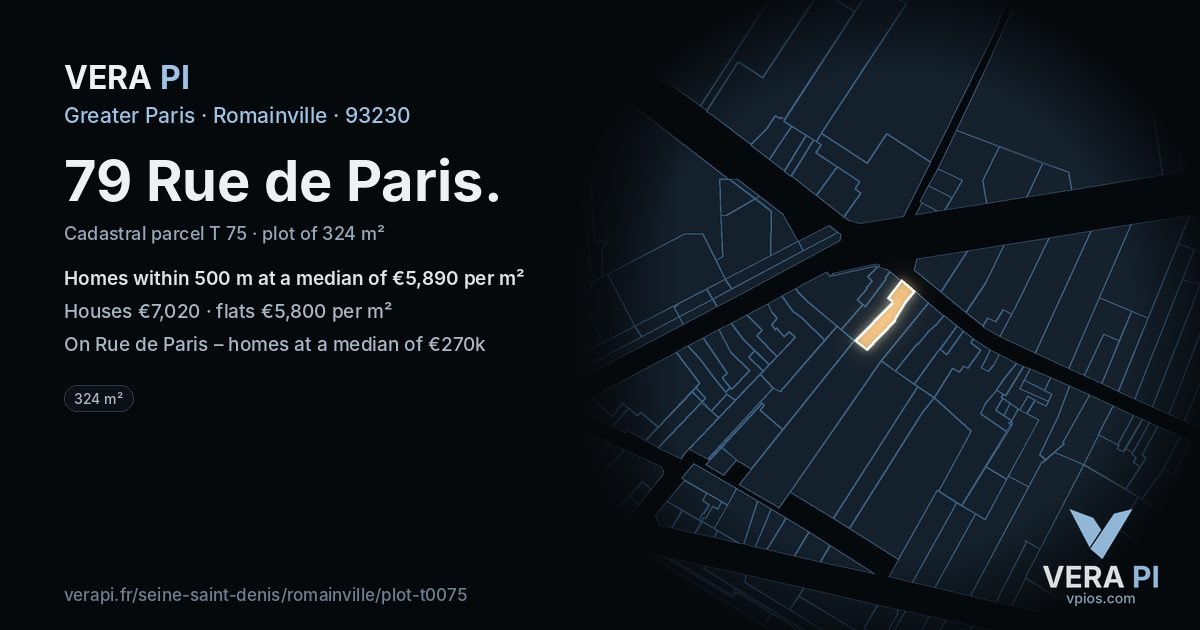 79 Rue de Paris, Romainville at night – the plot lit, the parcels around coloured by the prices near them