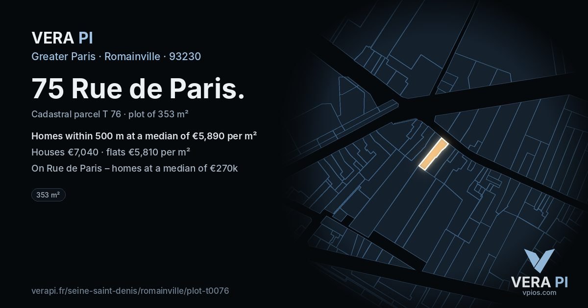 75 Rue de Paris, Romainville at night – the plot lit, the parcels around coloured by the prices near them