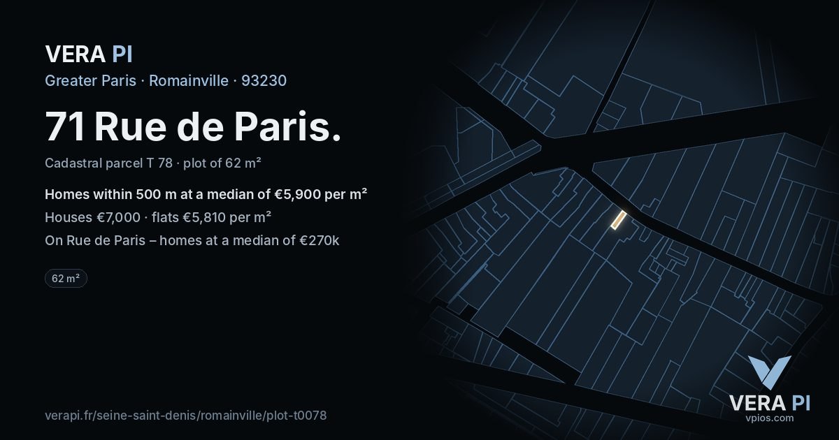 71 Rue de Paris, Romainville at night – the plot lit, the parcels around coloured by the prices near them