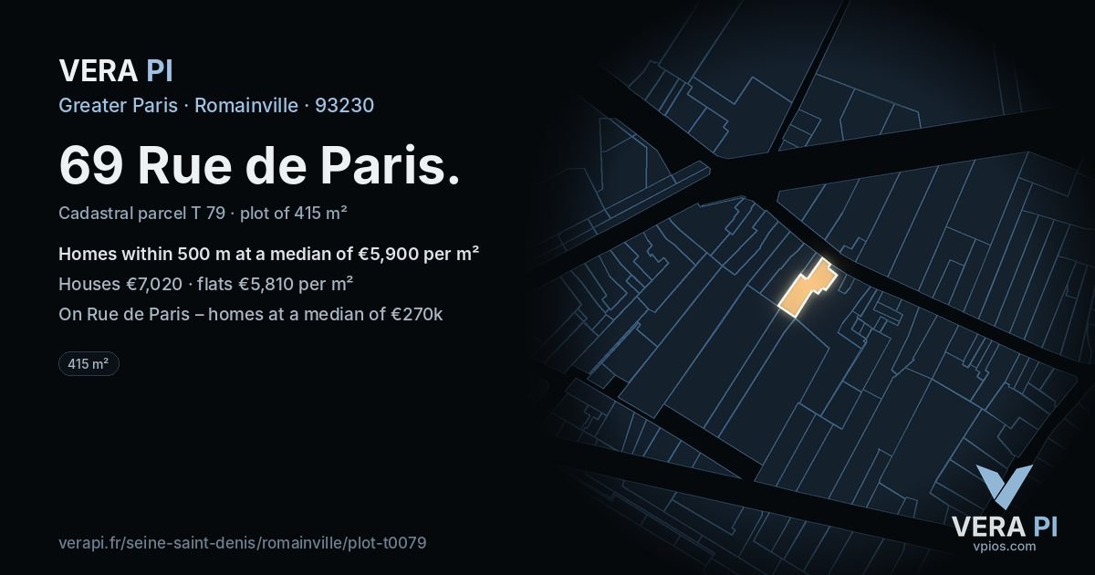 69 Rue de Paris, Romainville at night – the plot lit, the parcels around coloured by the prices near them