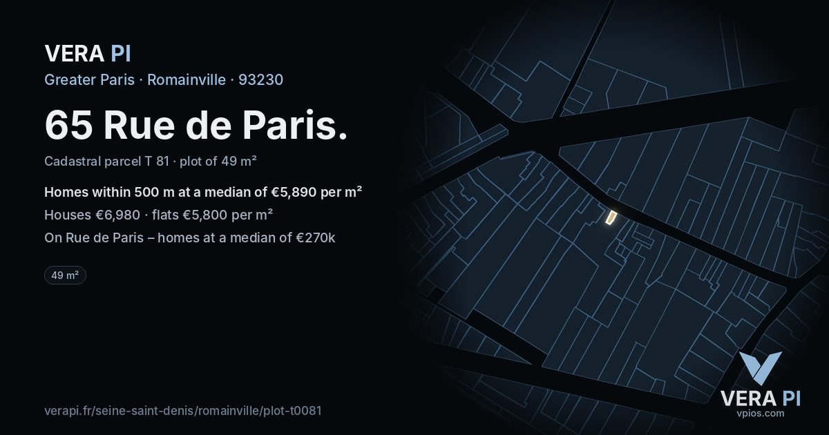 65 Rue de Paris, Romainville at night – the plot lit, the parcels around coloured by the prices near them