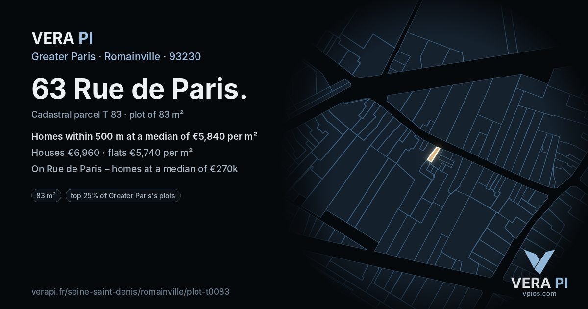 63 Rue de Paris, Romainville at night – the plot lit, the parcels around coloured by the prices near them